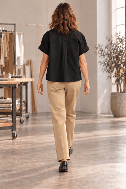 Katherine Black Cotton Poplin Utility Short Sleeve Shirt