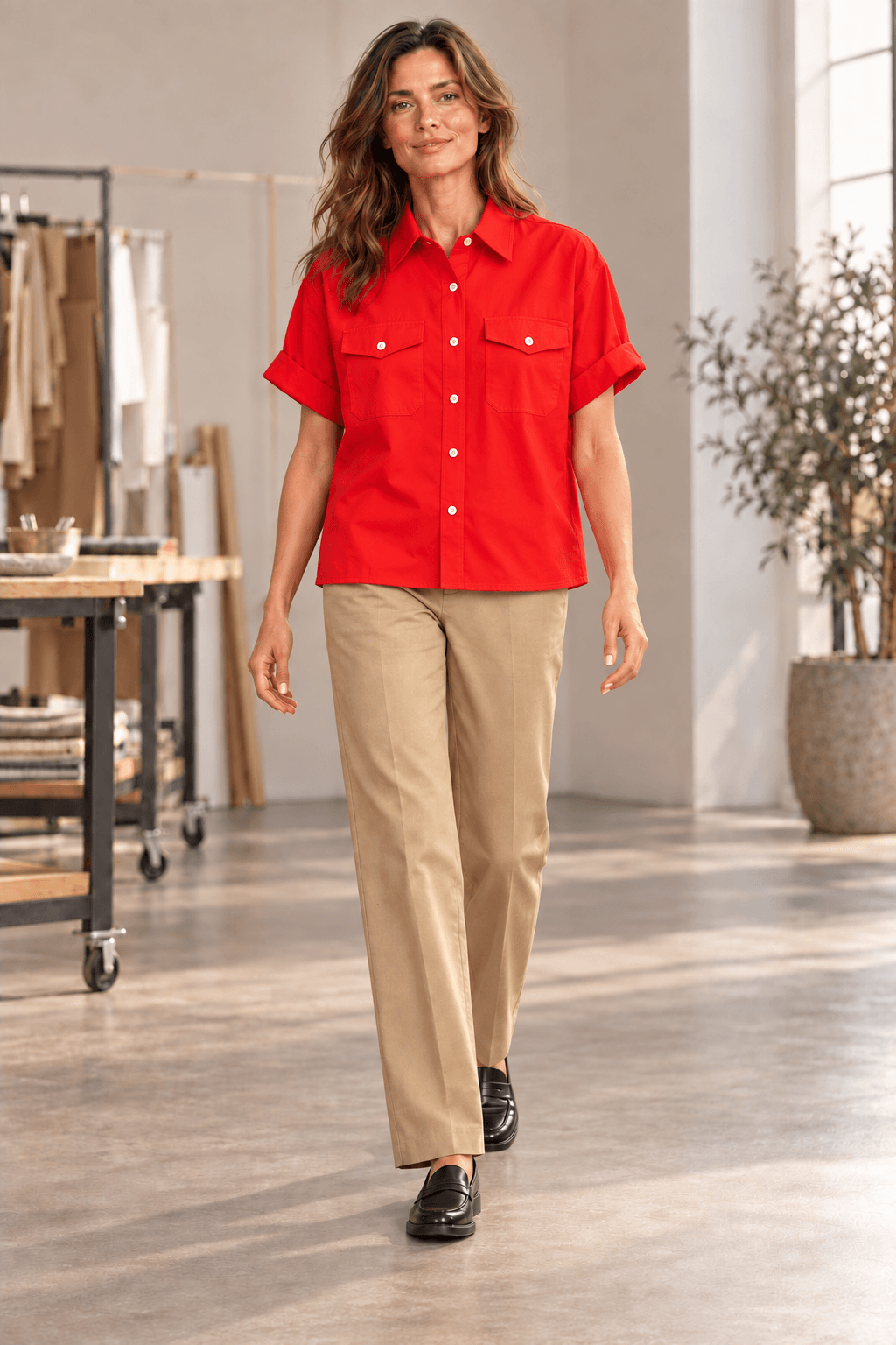 Katherine Red Cotton Poplin Utility Short Sleeve Shirt