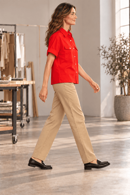 Katherine Red Cotton Poplin Utility Short Sleeve Shirt
