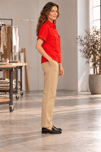 Katherine Red Cotton Poplin Utility Short Sleeve Shirt