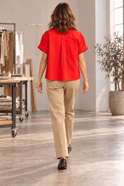 Katherine Red Cotton Poplin Utility Short Sleeve Shirt