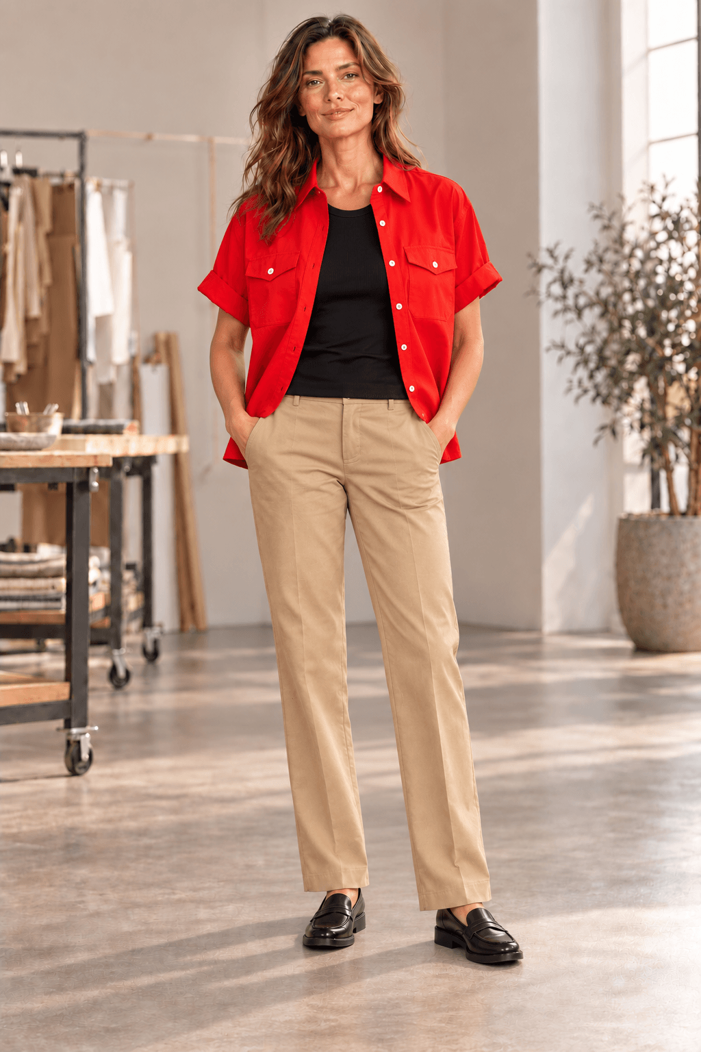 Katherine Red Cotton Poplin Utility Short Sleeve Shirt