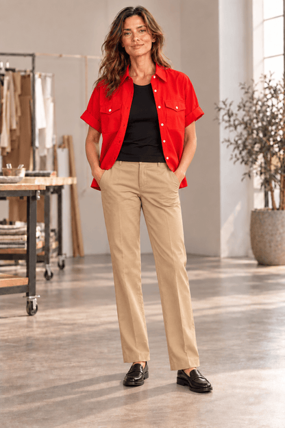 Katherine Red Cotton Poplin Utility Short Sleeve Shirt
