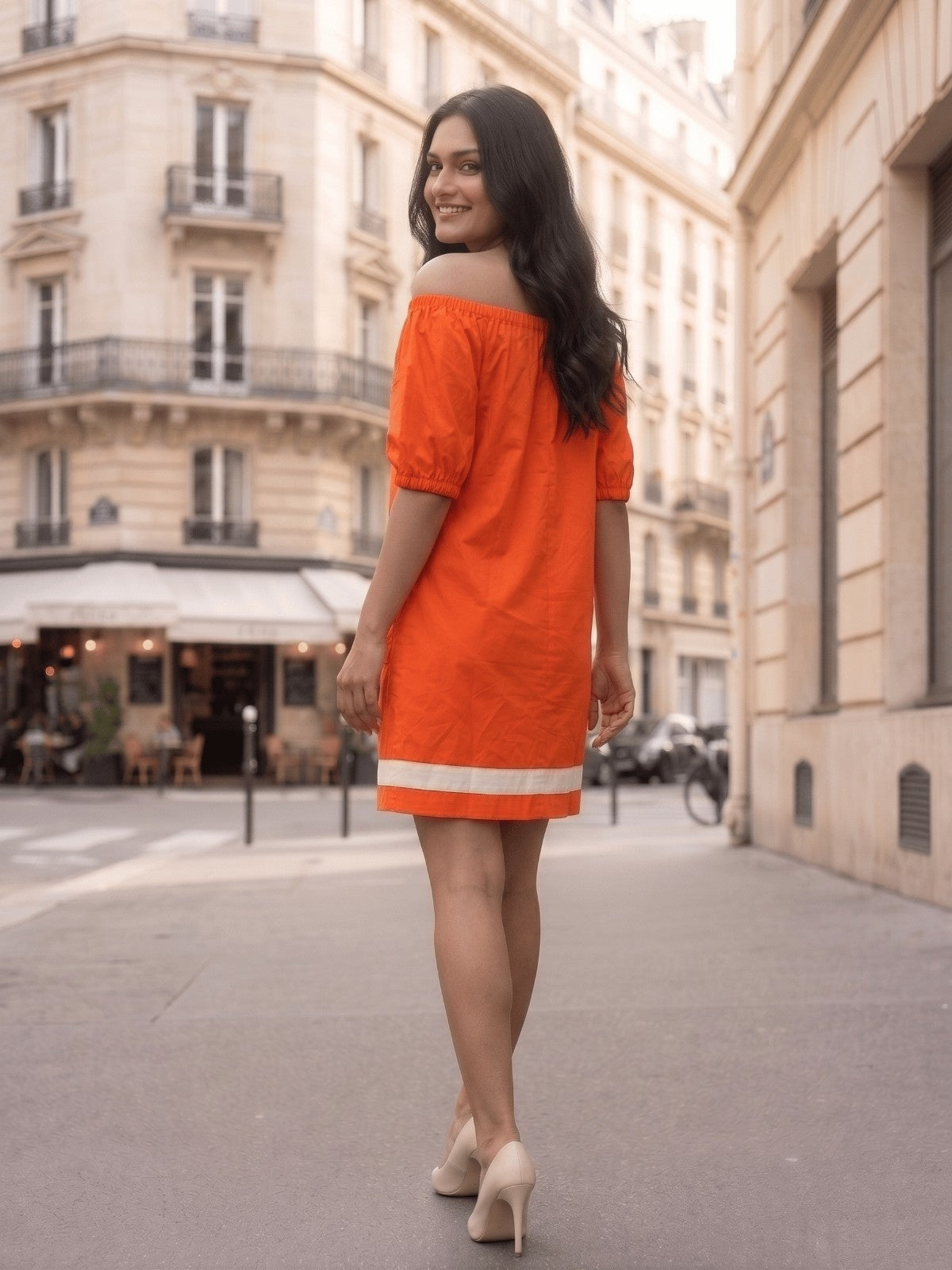 Kiara London 100% Cotton Woven Bardot Mini Dress with Side Pockets Orng