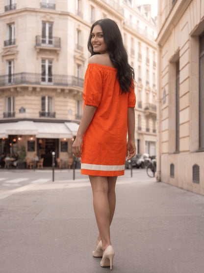 Kiara London 100% Cotton Woven Bardot Mini Dress with Side Pockets Orng