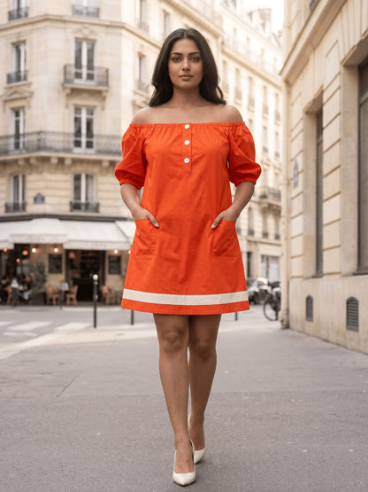 Kiara London 100% Cotton Woven Bardot Mini Dress with Side Pockets Orng