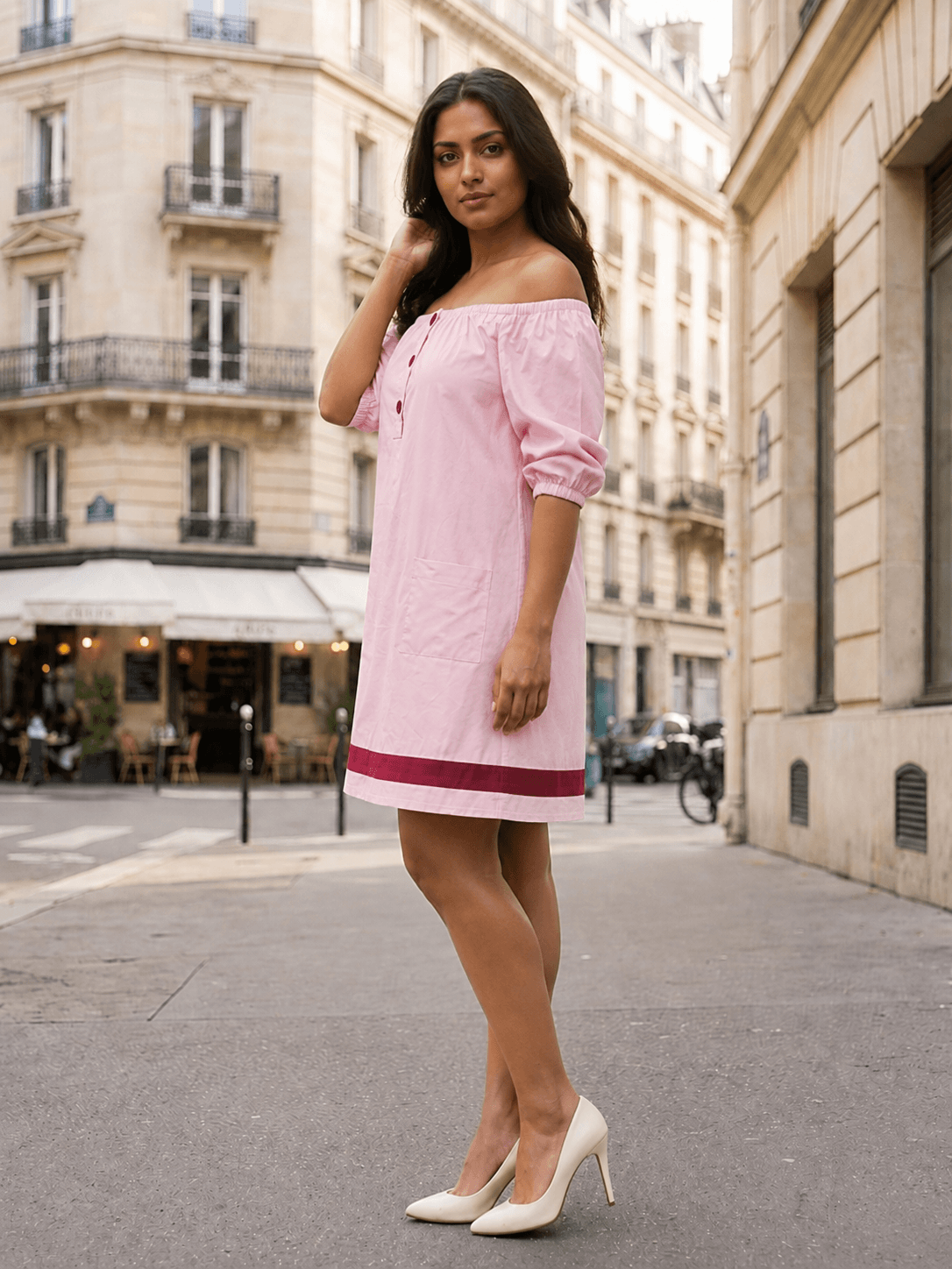 Kiara London 100% Cotton Woven Bardot Mini Dress with Side Pockets pink