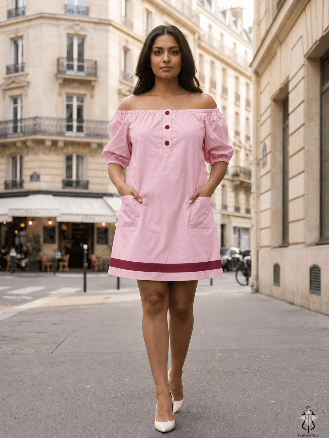 Kiara London 100% Cotton Woven Bardot Mini Dress with Side Pockets pink