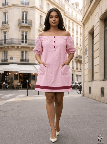 Kiara London 100% Cotton Woven Bardot Mini Dress with Side Pockets pink