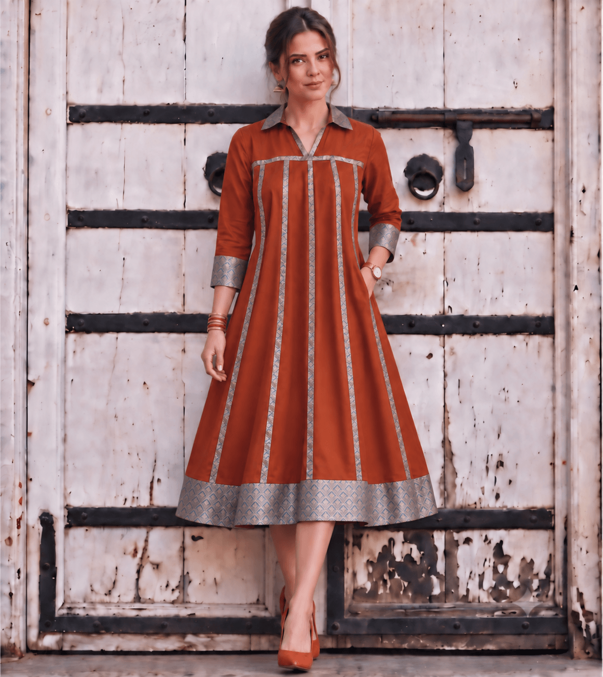 Mannat Rust Brocade Flare Midi Dress
