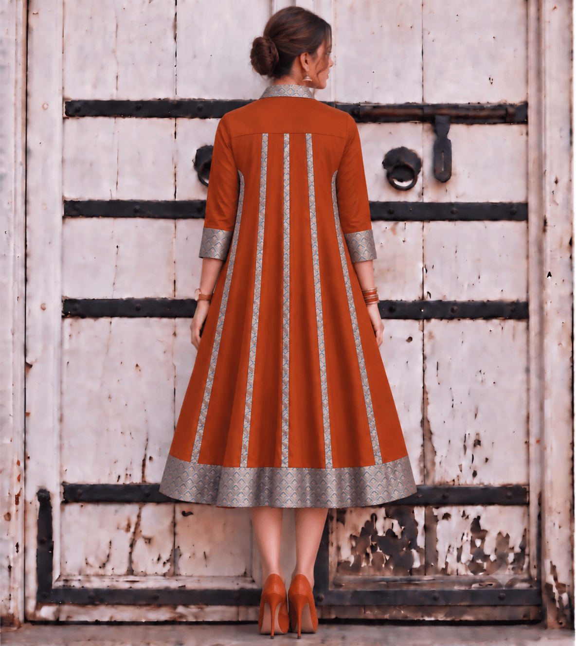 Mannat Rust Brocade Flare Midi Dress