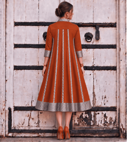 Mannat Rust Brocade Flare Midi Dress