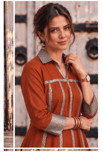 Mannat Rust Brocade Flare Midi Dress