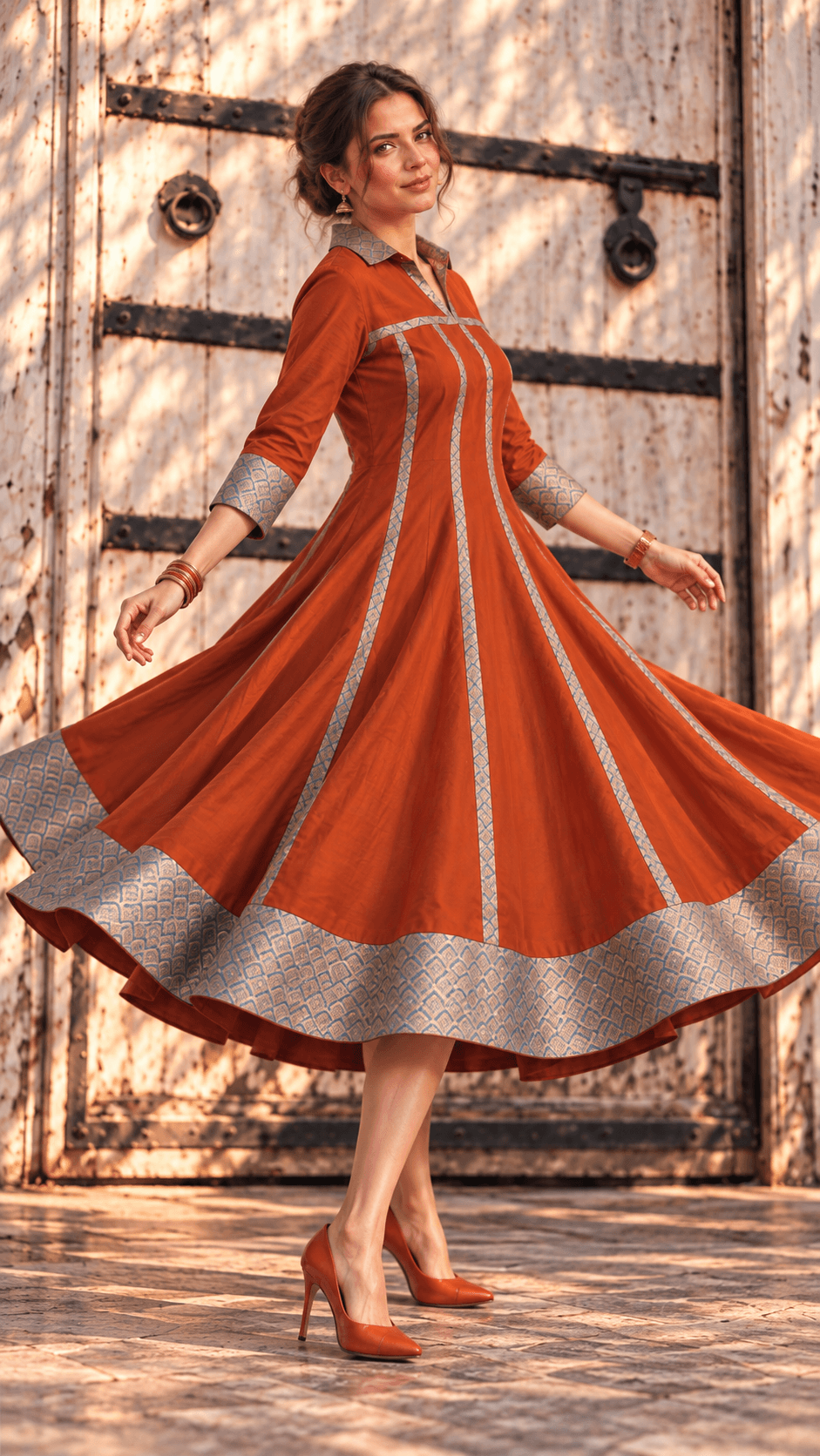 Mannat Rust Brocade Flare Midi Dress