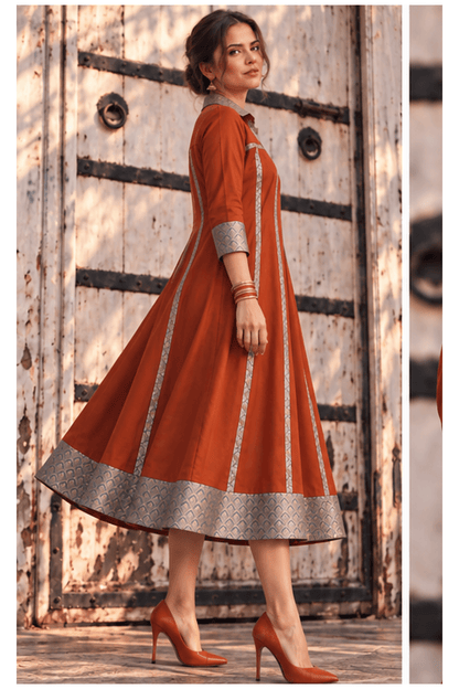 Mannat Rust Brocade Flare Midi Dress