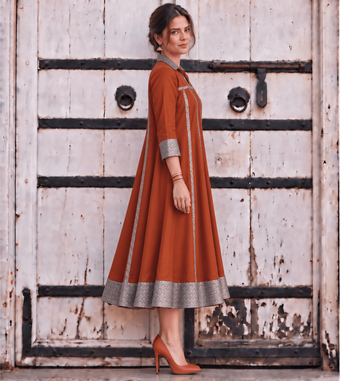 Mannat Rust Brocade Flare Midi Dress