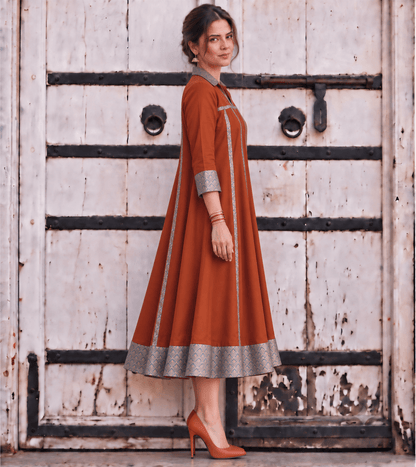 Mannat Rust Brocade Flare Midi Dress
