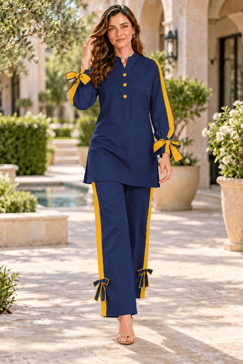 Mehak Women's Navy Cotton Viscose Bow Detail Co-ord Set | Zinniars