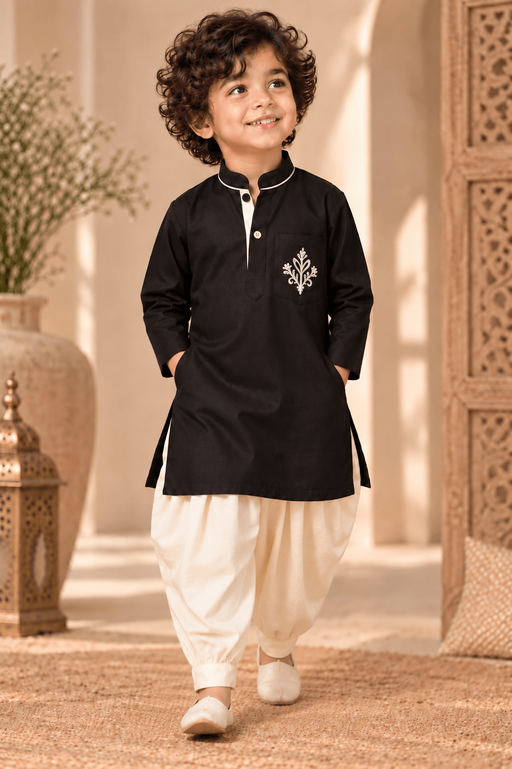 Mini Aaravya Black & Cream Kurta Dhoti Set – Unisex Kids’ Festive Wear (2–6 Years)
