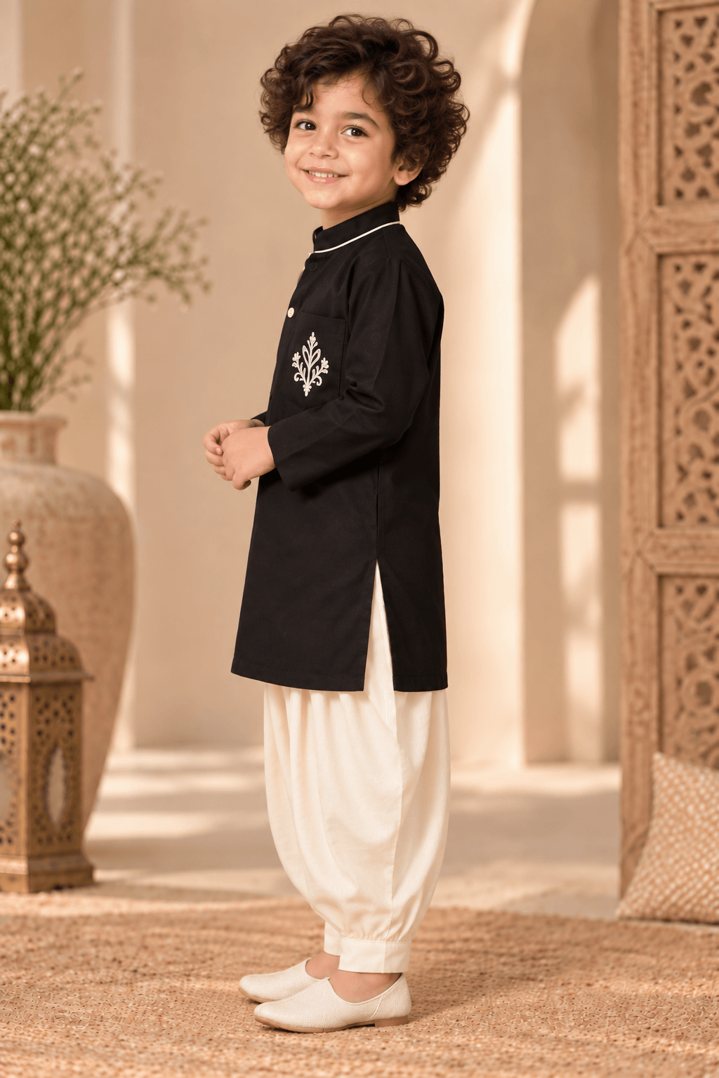 Mini Aaravya Black & Cream Kurta Dhoti Set – Unisex Kids’ Festive Wear (2–6 Years)