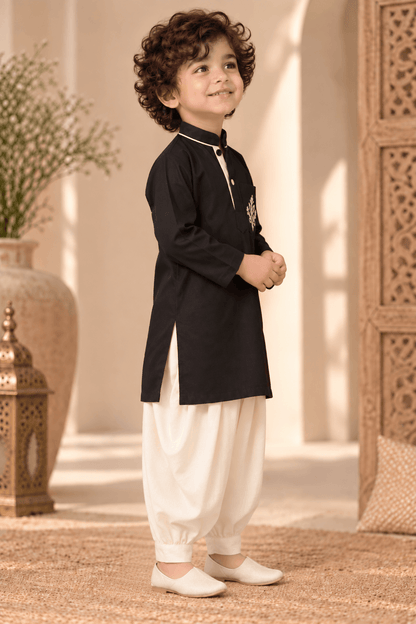 Mini Aaravya Black & Cream Kurta Dhoti Set – Unisex Kids’ Festive Wear (2–6 Years)