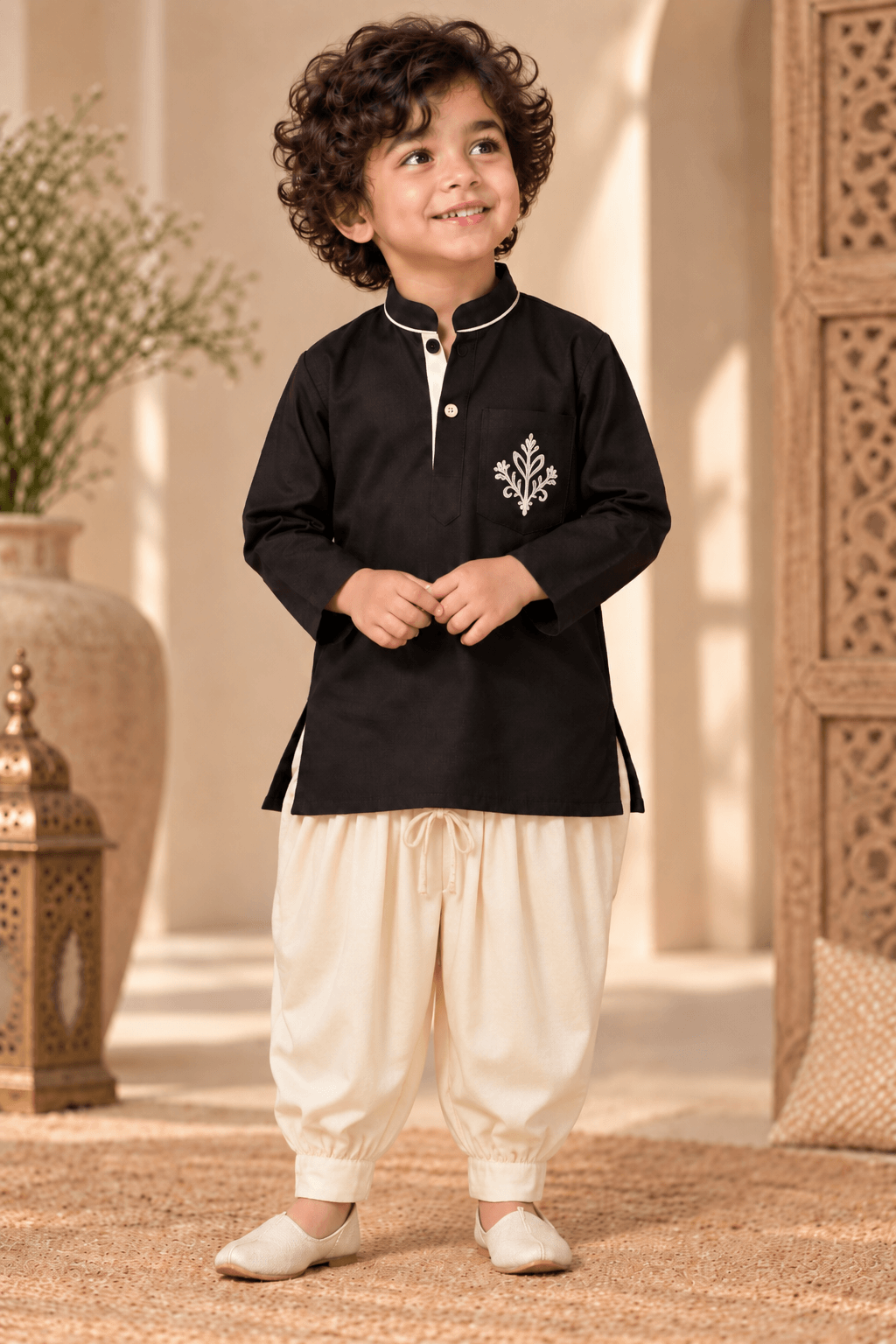 Mini Aaravya Black & Cream Kurta Dhoti Set – Unisex Kids’ Festive Wear (2–6 Years)
