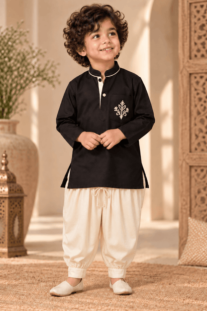 Mini Aaravya Black & Cream Kurta Dhoti Set – Unisex Kids’ Festive Wear (2–6 Years)