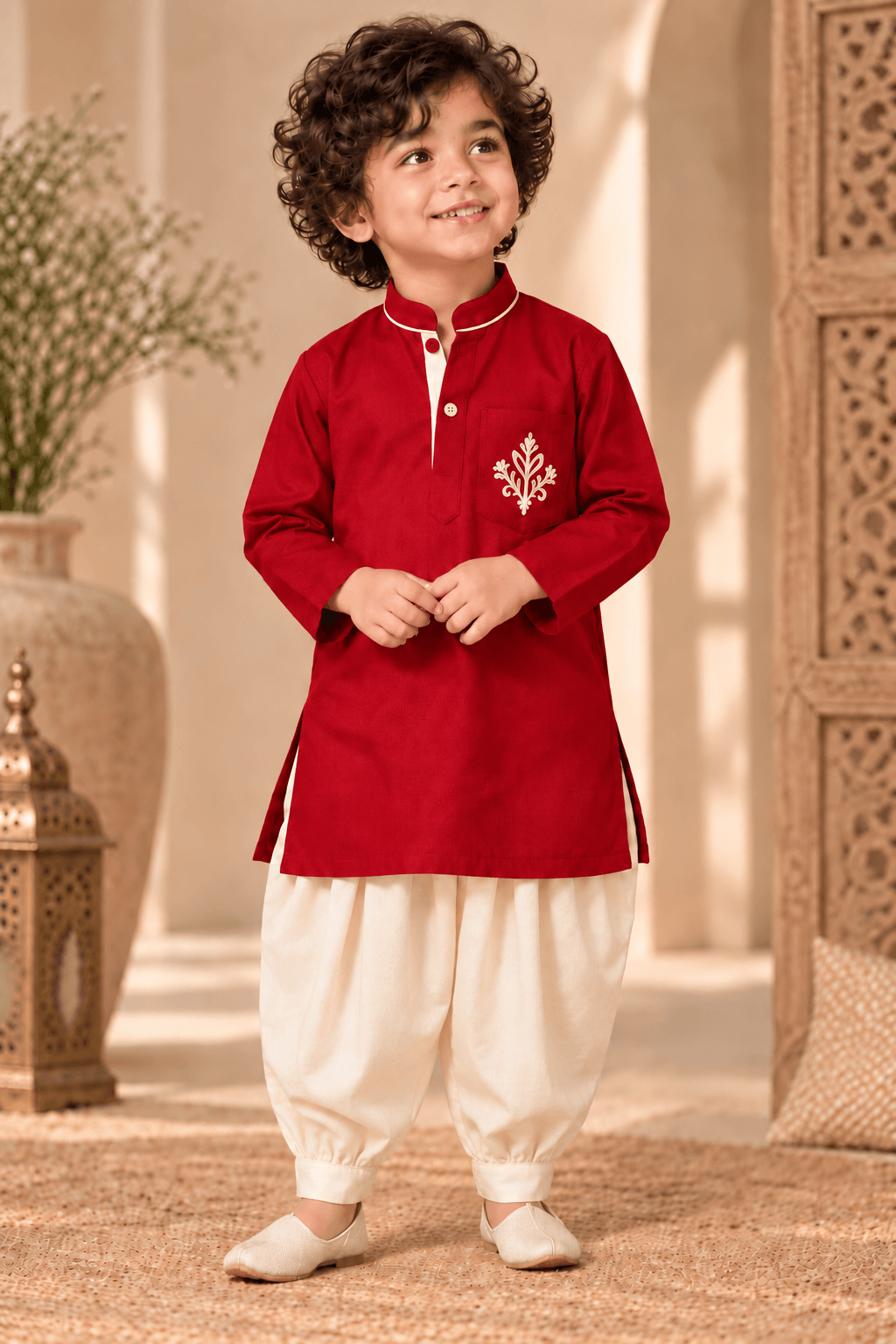 Mini Aaravya Deep Red & Cream Kurta Dhoti Set – Unisex Kids’ Festive Wear (2–6 Years)