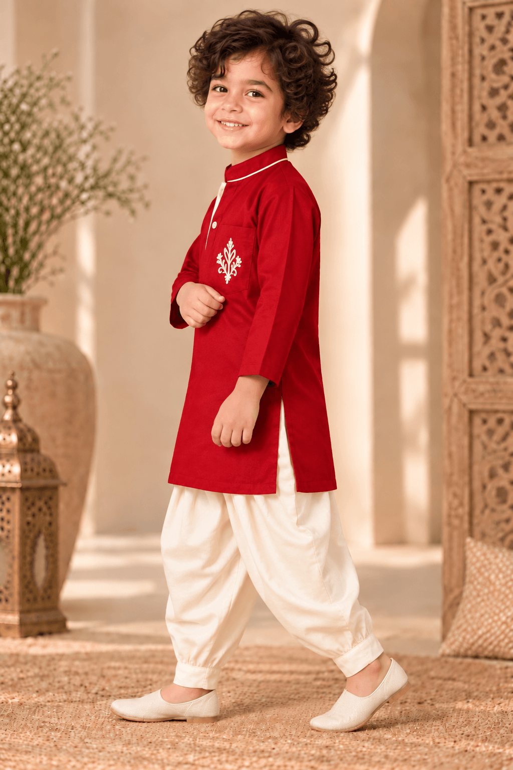 Mini Aaravya Deep Red & Cream Kurta Dhoti Set – Unisex Kids’ Festive Wear (2–6 Years)