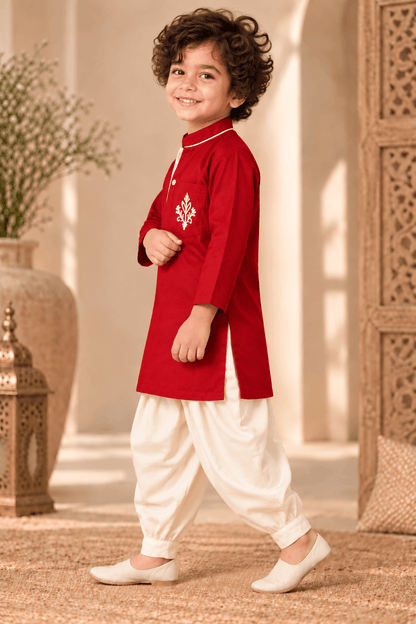 Mini Aaravya Deep Red & Cream Kurta Dhoti Set – Unisex Kids’ Festive Wear (2–6 Years)