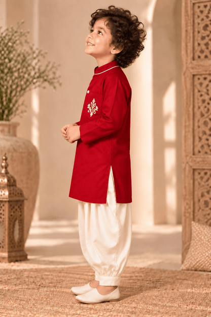 Mini Aaravya Deep Red & Cream Kurta Dhoti Set – Unisex Kids’ Festive Wear (2–6 Years)