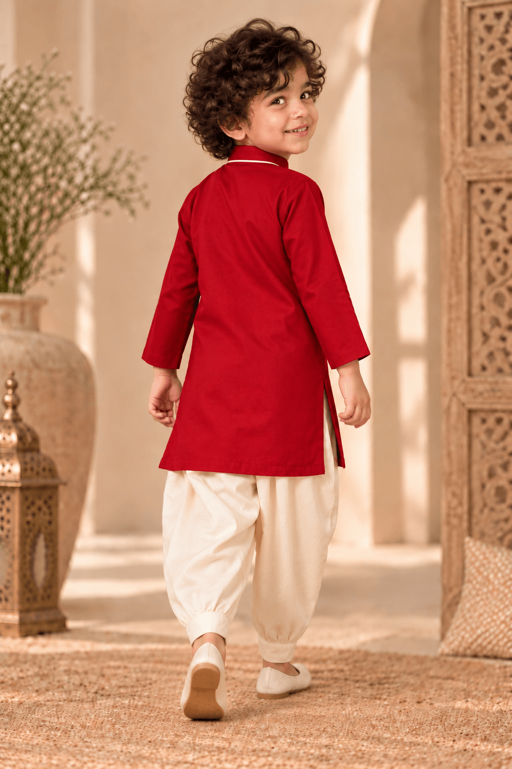 Mini Aaravya Deep Red & Cream Kurta Dhoti Set – Unisex Kids’ Festive Wear (2–6 Years)