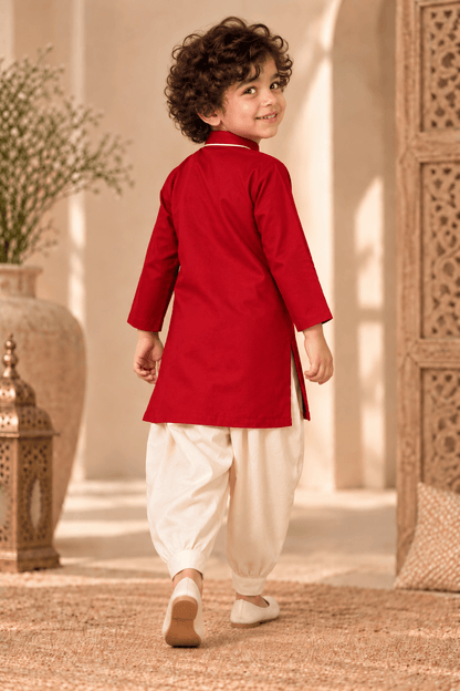 Mini Aaravya Deep Red & Cream Kurta Dhoti Set – Unisex Kids’ Festive Wear (2–6 Years)