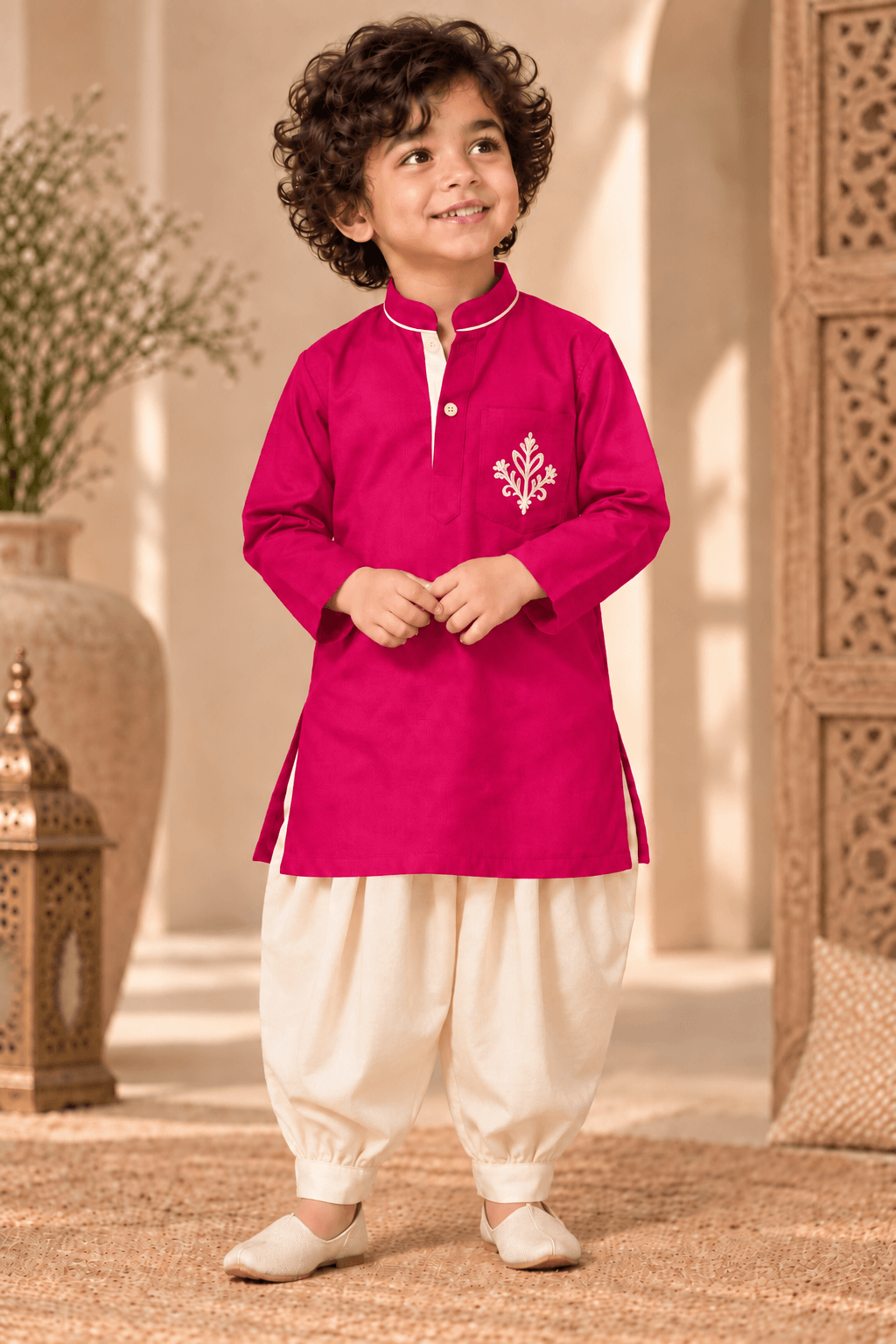Mini Aaravya Magenta & Cream Kurta Dhoti Set – Unisex Kids’ Festive Wear (2–6 Years)
