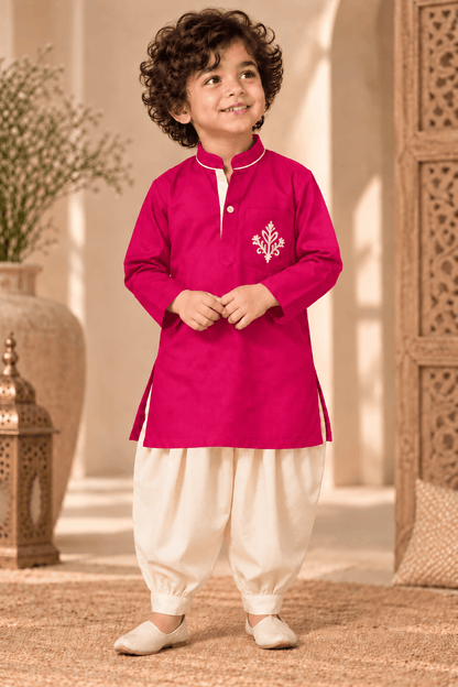 Mini Aaravya Magenta & Cream Kurta Dhoti Set – Unisex Kids’ Festive Wear (2–6 Years)