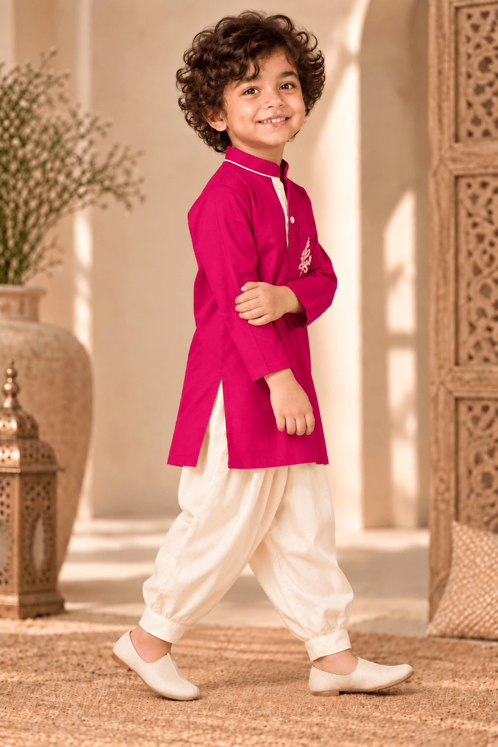 Mini Aaravya Magenta & Cream Kurta Dhoti Set – Unisex Kids’ Festive Wear (2–6 Years)