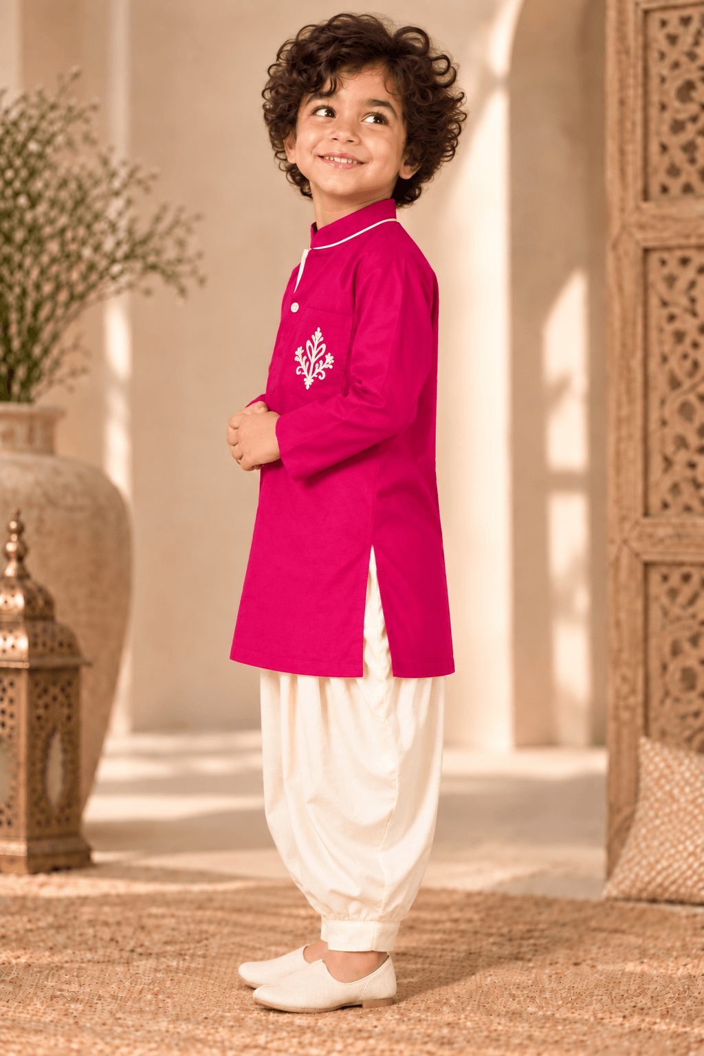 Mini Aaravya Magenta & Cream Kurta Dhoti Set – Unisex Kids’ Festive Wear (2–6 Years)
