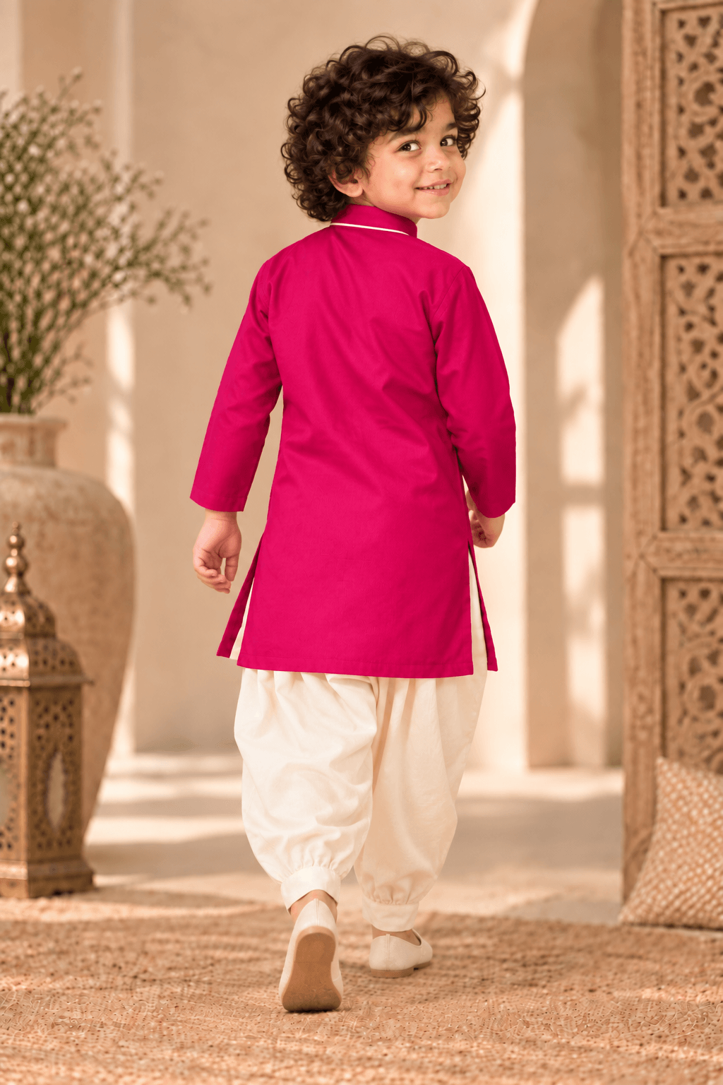 Mini Aaravya Magenta & Cream Kurta Dhoti Set – Unisex Kids’ Festive Wear (2–6 Years)