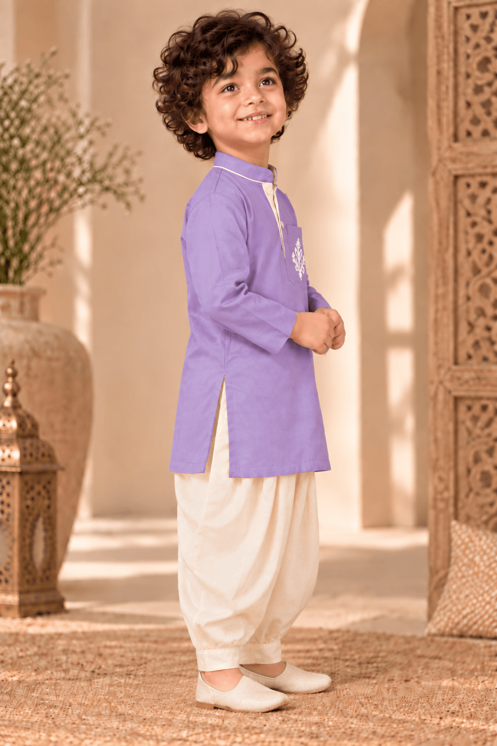 Mini Aaravya lavender & Cream Kurta Dhoti Set – Unisex Kids’ Festive Wear (2–6 Years)