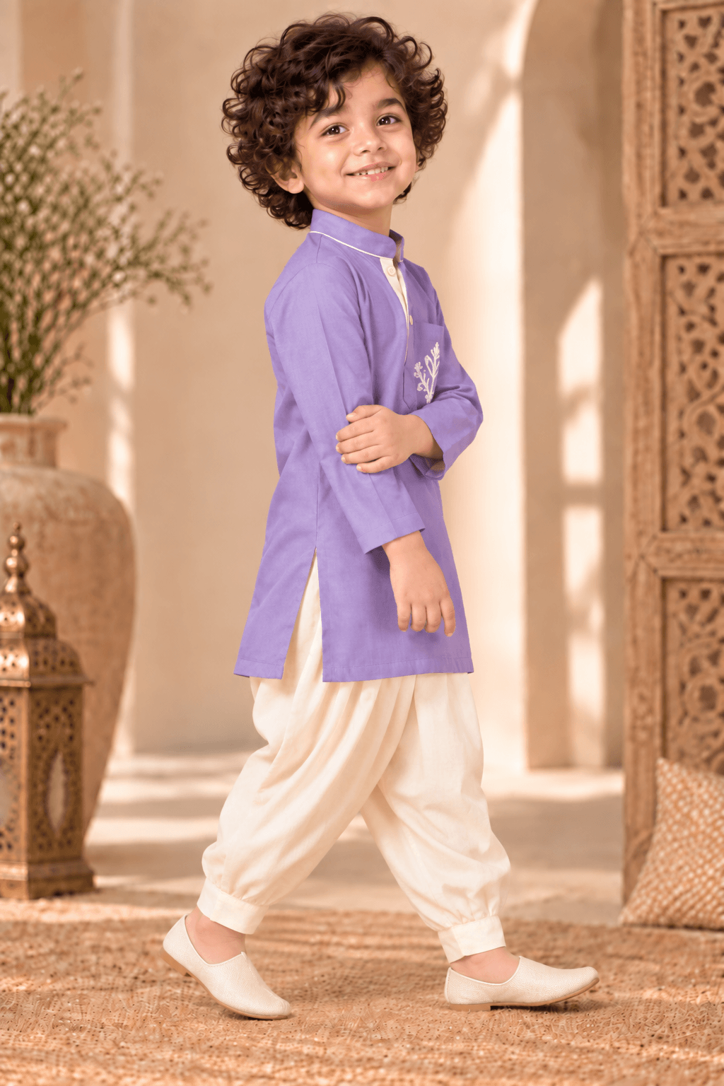 Mini Aaravya lavender & Cream Kurta Dhoti Set – Unisex Kids’ Festive Wear (2–6 Years)