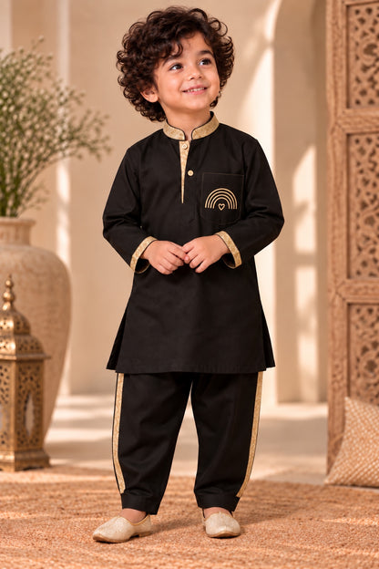Mini Gaga Sporty Pathani Suit – Elegant Black Unisex Festive Set for Kids (2–6 Years)