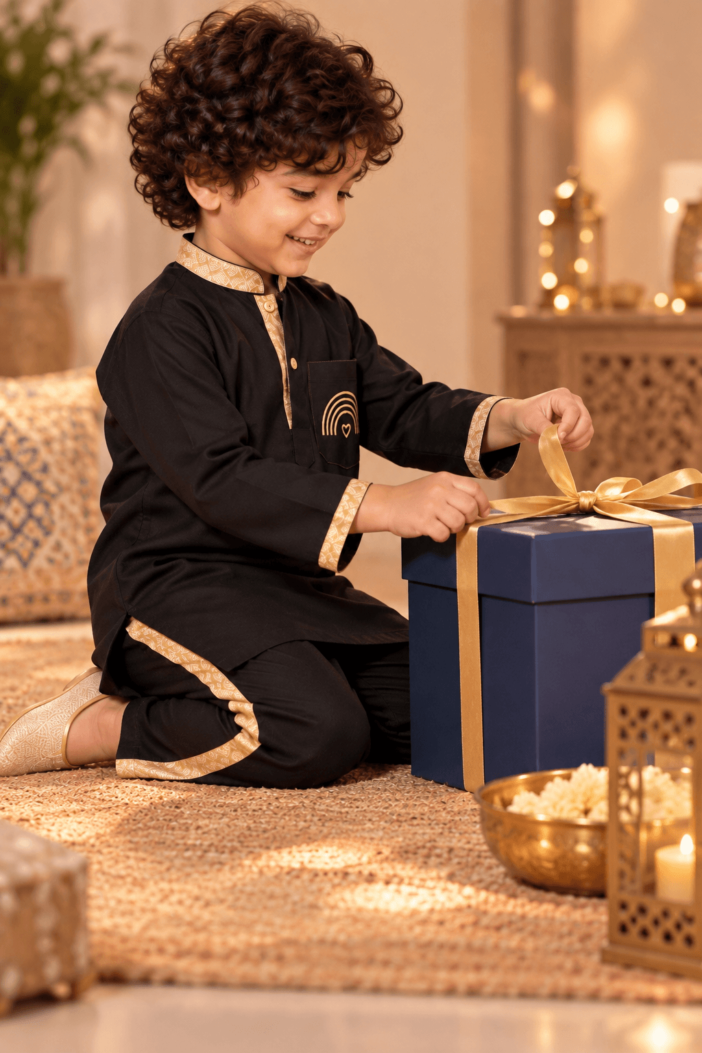 Mini Gaga Sporty Pathani Suit – Elegant Black Unisex Festive Set for Kids (2–6 Years)