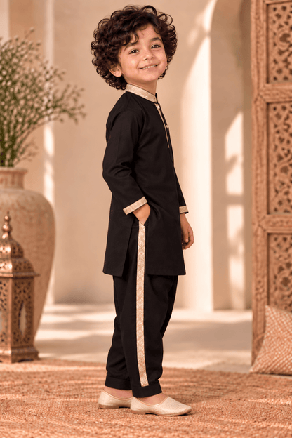 Mini Gaga Sporty Pathani Suit – Elegant Black Unisex Festive Set for Kids (2–6 Years)