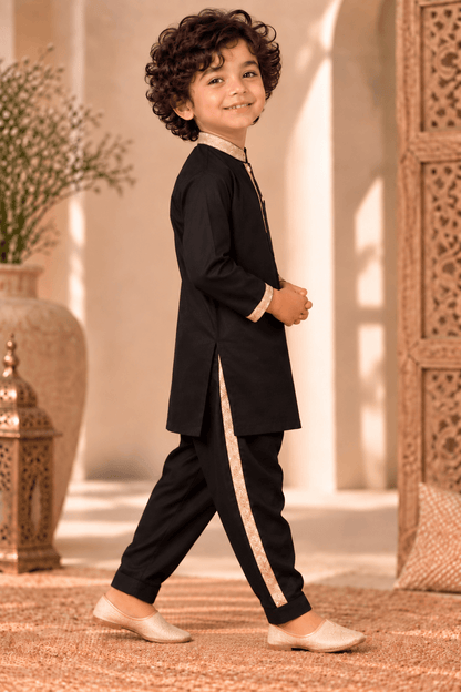 Mini Gaga Sporty Pathani Suit – Elegant Black Unisex Festive Set for Kids (2–6 Years)