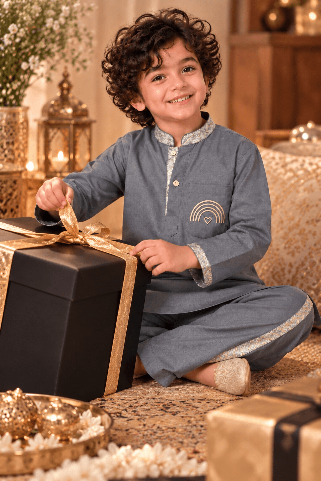 Mini Gaga Sporty Pathani Suit – Grey Unisex Festive Set for Kids (2–6 Years)