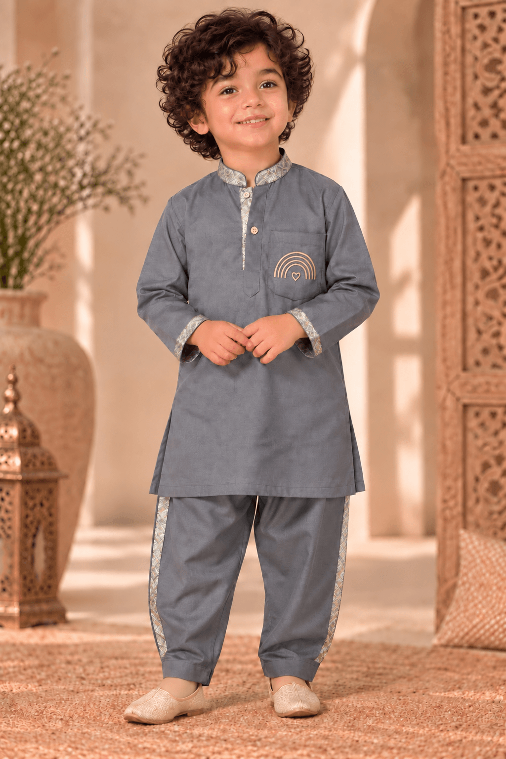 Mini Gaga Sporty Pathani Suit – Grey Unisex Festive Set for Kids (2–6 Years)
