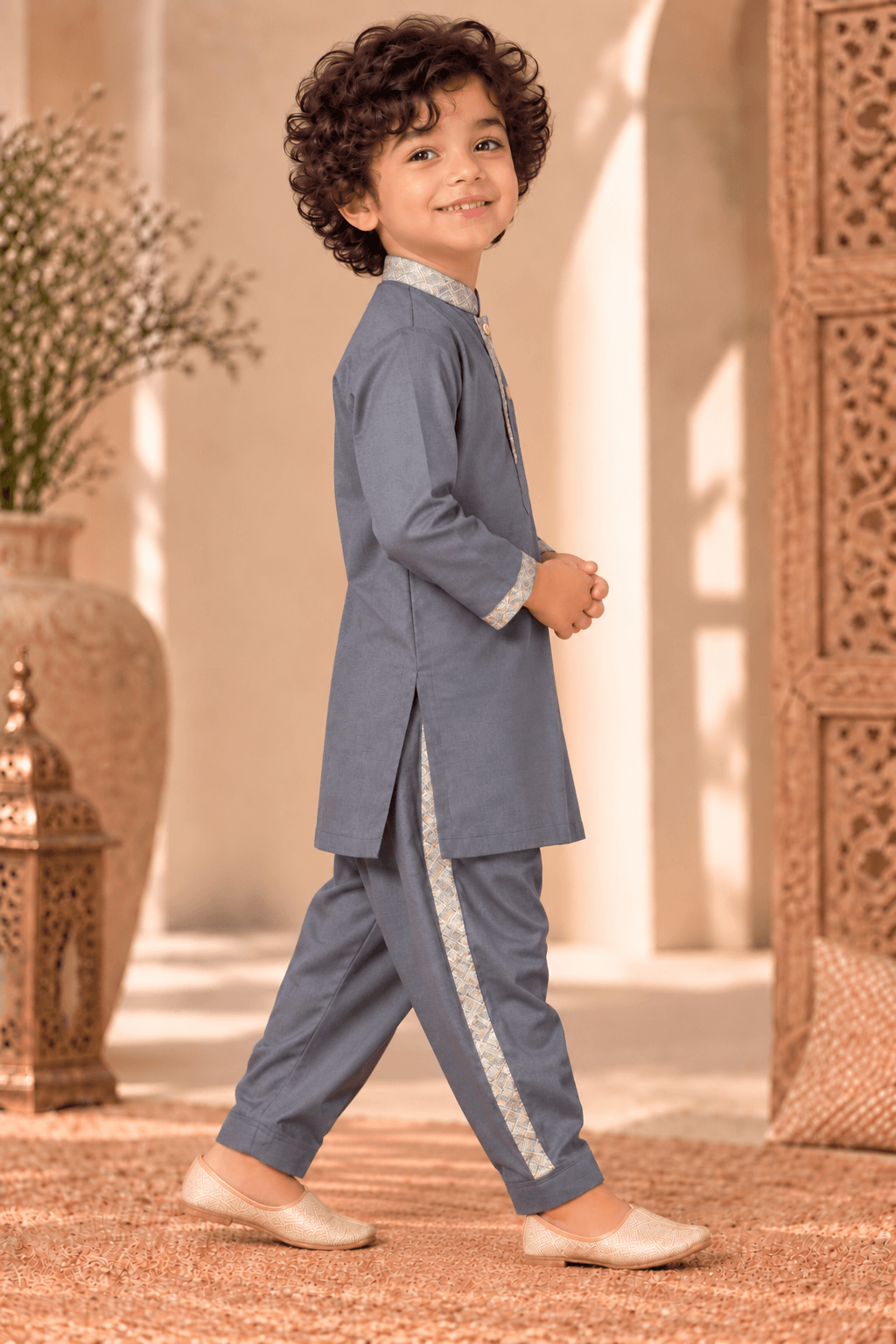 Mini Gaga Sporty Pathani Suit – Grey Unisex Festive Set for Kids (2–6 Years)
