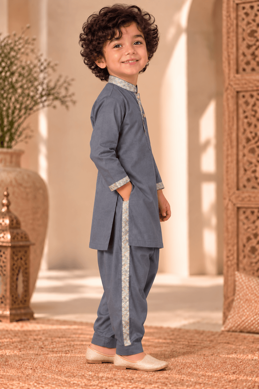 Mini Gaga Sporty Pathani Suit – Grey Unisex Festive Set for Kids (2–6 Years)