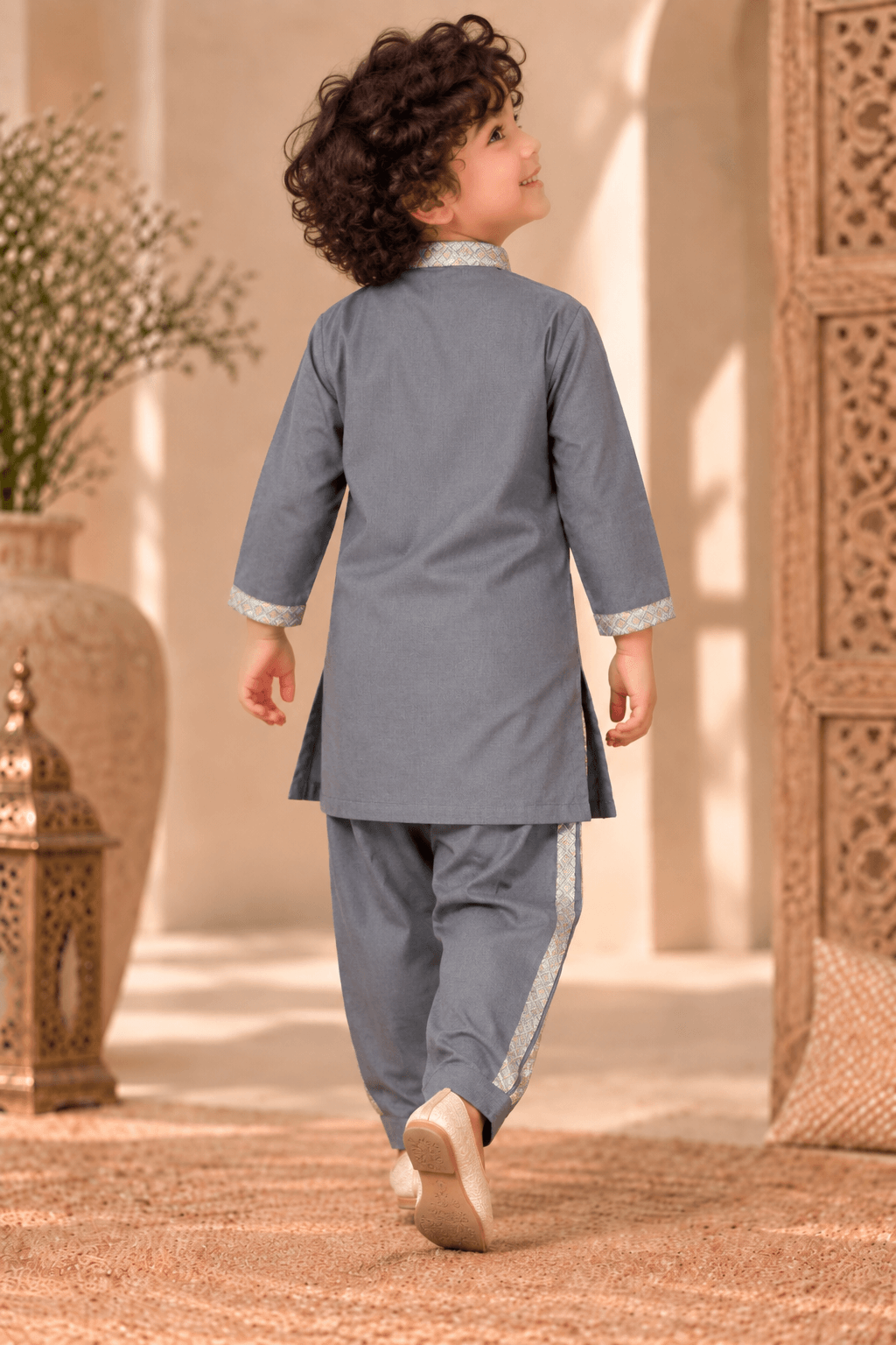 Mini Gaga Sporty Pathani Suit – Grey Unisex Festive Set for Kids (2–6 Years)