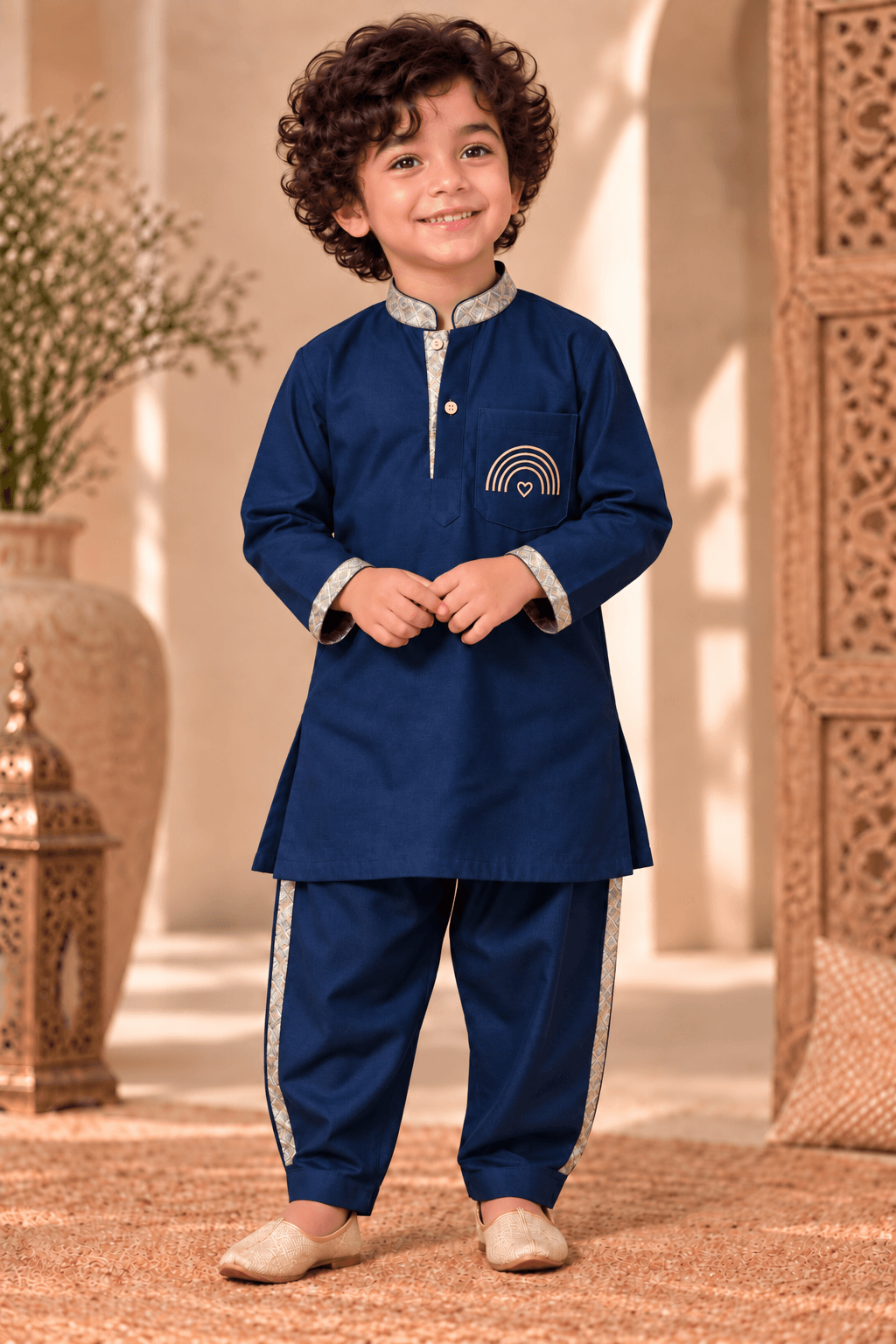 Mini Gaga Sporty Pathani Suit – Navy Blue Unisex Festive Set for Kids (2–6 Years)